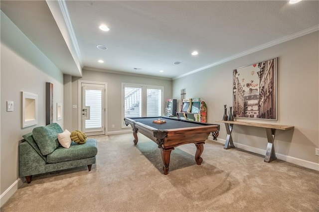 14814 Sherwood St, Leawood, KS 66224 - playroom with ornamental molding, light carpet, billiards table, baseboards, and recessed lighting