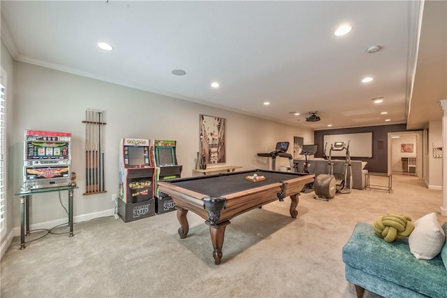 14814 Sherwood St, Leawood, KS 66224 - game room with carpet floors, billiards table, ornamental molding, recessed lighting, and baseboards