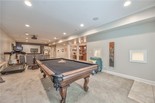 14814 Sherwood St, Leawood, KS 66224 - recreation room with recessed lighting, ornamental molding, billiards table, light carpet, and baseboards