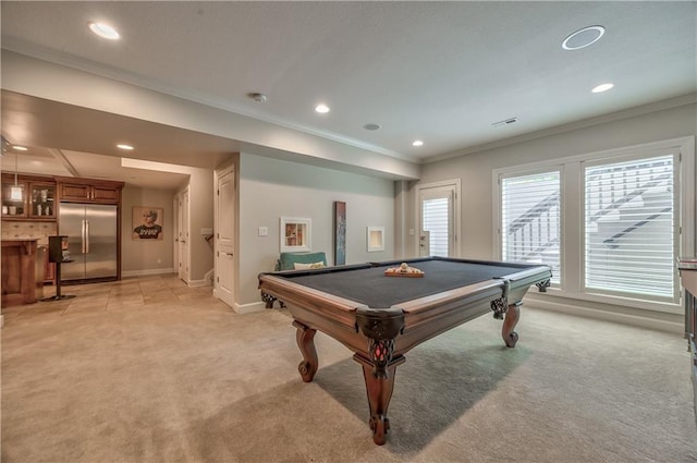 14814 Sherwood St, Leawood, KS 66224 - rec room featuring light carpet, recessed lighting, crown molding, billiards table, and baseboards