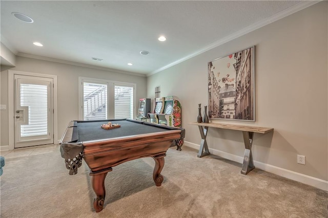 14814 Sherwood St, Leawood, KS 66224 - recreation room featuring carpet, baseboards, pool table, ornamental molding, and recessed lighting