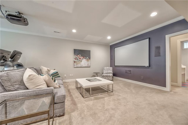 14814 Sherwood St, Leawood, KS 66224 - cinema room featuring crown molding, recessed lighting, baseboards, and light colored carpet