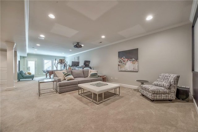 14814 Sherwood St, Leawood, KS 66224 - living room featuring carpet floors, recessed lighting, crown molding, and baseboards