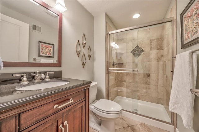 14814 Sherwood St, Leawood, KS 66224 - bathroom featuring vanity, a shower stall, toilet, tile patterned floors, and recessed lighting