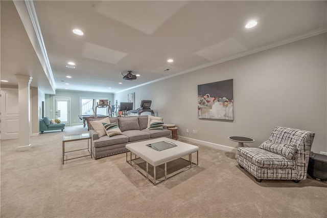 14814 Sherwood St, Leawood, KS 66224 - carpeted living room with crown molding, recessed lighting, decorative columns, and baseboards