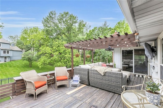 4212 NW Briarcliff Ln, Kansas City, MO 64116 - deck featuring outdoor lounge area, a pergola, and a lawn