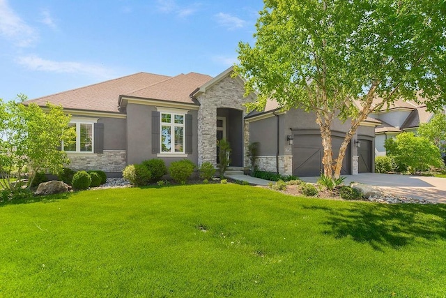 10417 W 172nd St, Overland Park, KS 66221 - view of front facade featuring stone siding, stucco siding, driveway, a front yard, and an attached garage