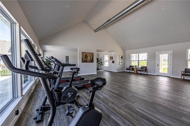 workout area with high vaulted ceiling, baseboards, and wood finished floors