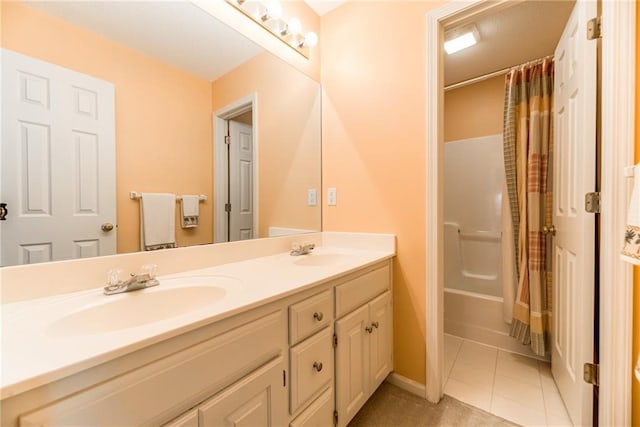 13238 Reeder St, Overland Park, KS 66213 - bathroom with double vanity, tile patterned floors, shower / tub combo with curtain, and baseboards