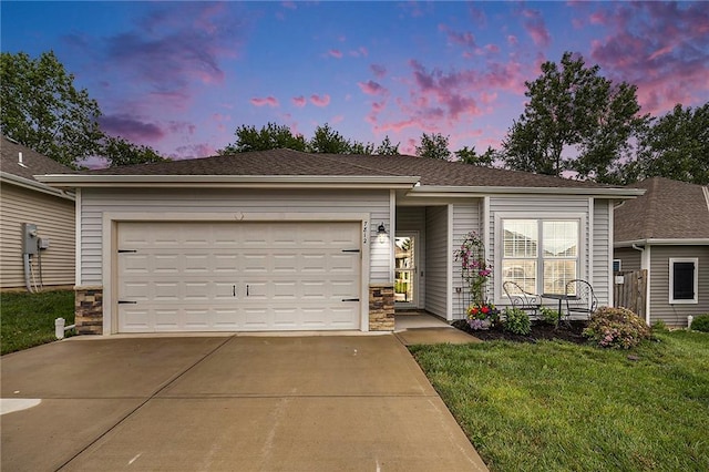 7812 NW 124th St, Kansas City, MO 64163 - ranch-style house with driveway, an attached garage, and a lawn
