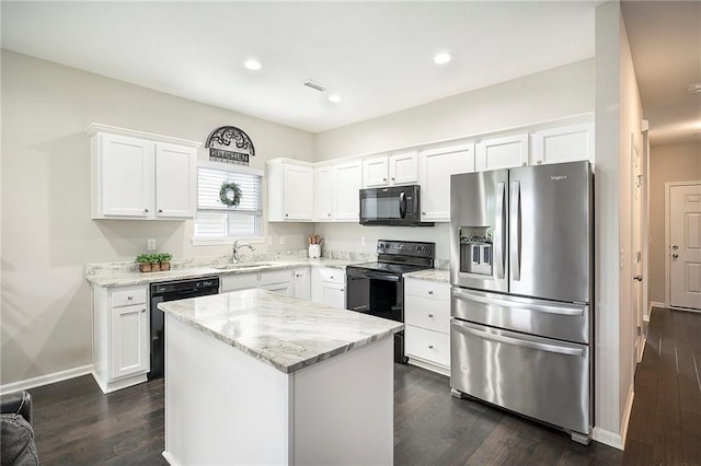 7812 NW 124th St, Kansas City, MO 64163 - kitchen with black appliances, a sink, a center island, dark wood-style flooring, and white cabinetry
