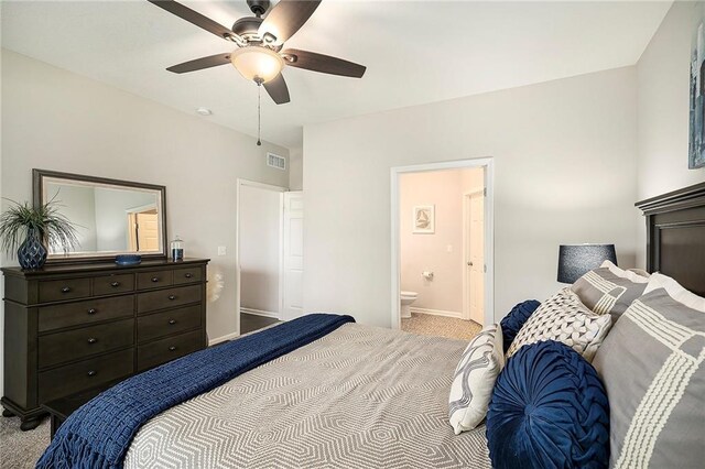 7812 NW 124th St, Kansas City, MO 64163 - bedroom with carpet floors, baseboards, ensuite bath, and a ceiling fan