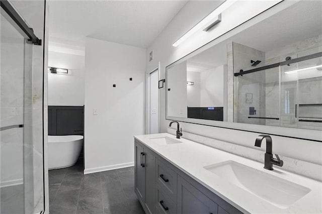 5263 SW Raintree Pkwy, Lees Summit, MO 64082 - full bath featuring double vanity, a stall shower, a freestanding bath, and baseboards