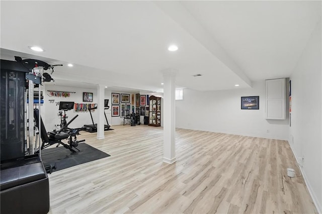 5263 SW Raintree Pkwy, Lees Summit, MO 64082 - exercise room featuring recessed lighting, light wood-type flooring, and baseboards