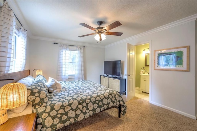 5608 Outlook St, Mission, KS 66202 - carpeted bedroom with crown molding, baseboards, ensuite bath, and ceiling fan