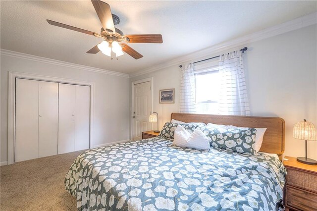 5608 Outlook St, Mission, KS 66202 - carpeted bedroom with ornamental molding, ceiling fan, and a closet