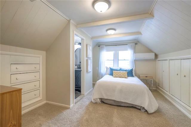 5608 Outlook St, Mission, KS 66202 - bedroom featuring a wall mounted AC, vaulted ceiling, carpet, and baseboards