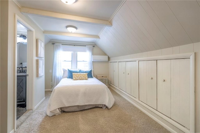 5608 Outlook St, Mission, KS 66202 - bedroom featuring light colored carpet, lofted ceiling, a wall mounted air conditioner, and baseboards