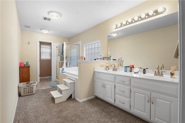 13825 Woodmont Ave, Bonner Springs, KS 66012 - bathroom with a stall shower, plenty of natural light, double vanity, and carpet