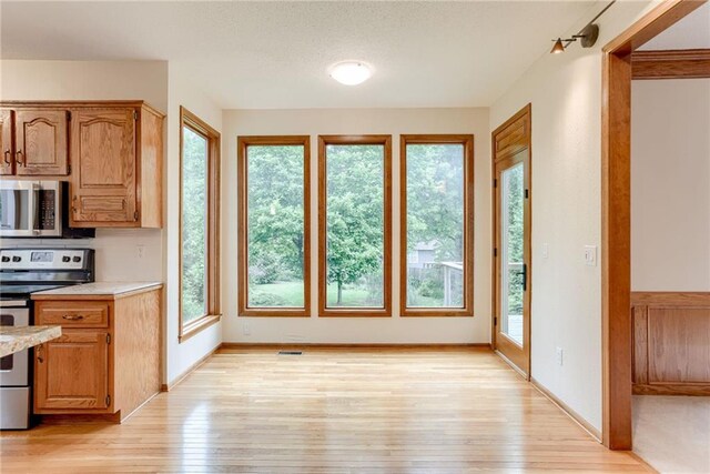 16482 W 132nd Cir, Olathe, KS 66062 - kitchen featuring appliances with stainless steel finishes, light countertops, light wood-style flooring, and baseboards