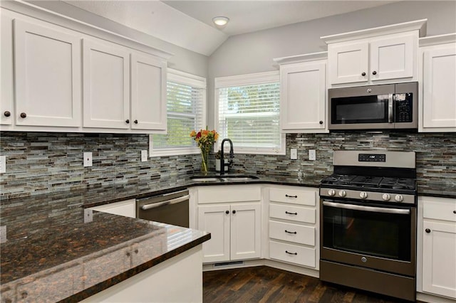 2511 E Maple Ct, Tonganoxie, KS 66086 - kitchen featuring stainless steel appliances, a sink, lofted ceiling, dark wood-style flooring, and white cabinetry