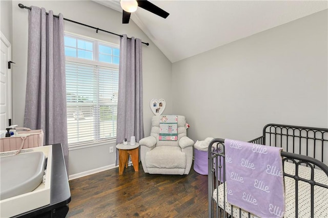 2511 E Maple Ct, Tonganoxie, KS 66086 - bedroom with lofted ceiling, wood finished floors, baseboards, ceiling fan, and a sink