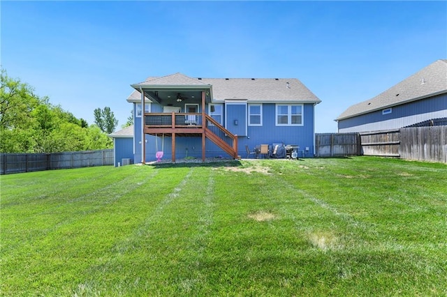 2511 E Maple Ct, Tonganoxie, KS 66086 - back of house with ceiling fan, stairway, and a deck