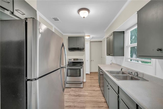 712 NE 45th St, Kansas City, MO 64116 - kitchen with appliances with stainless steel finishes, gray cabinets, light wood-style floors, under cabinet range hood, and a sink