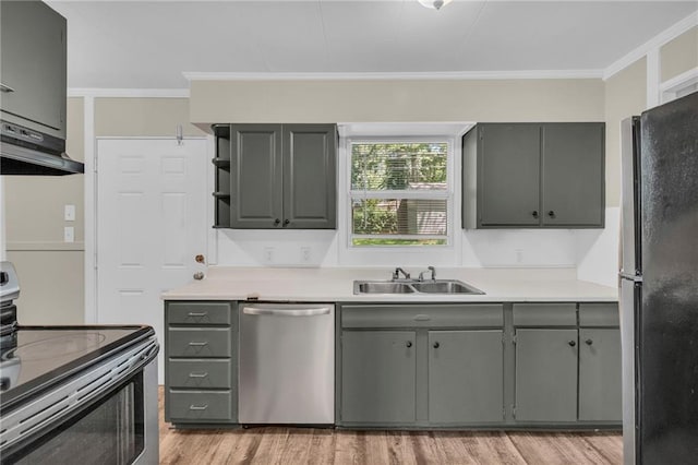 712 NE 45th St, Kansas City, MO 64116 - kitchen with stainless steel appliances, a sink, under cabinet range hood, crown molding, and gray cabinets