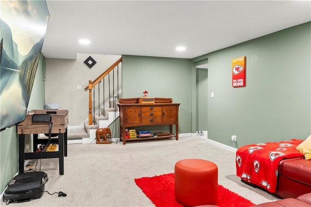 15205 E 40th St S, Independence, MO 64055 - living room featuring carpet, stairs, recessed lighting, and baseboards