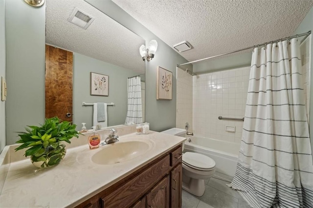 12332 W 105th Ter, Overland Park, KS 66215 - bathroom with vanity, toilet, shower / bath combination with curtain, a textured ceiling, and tile patterned floors