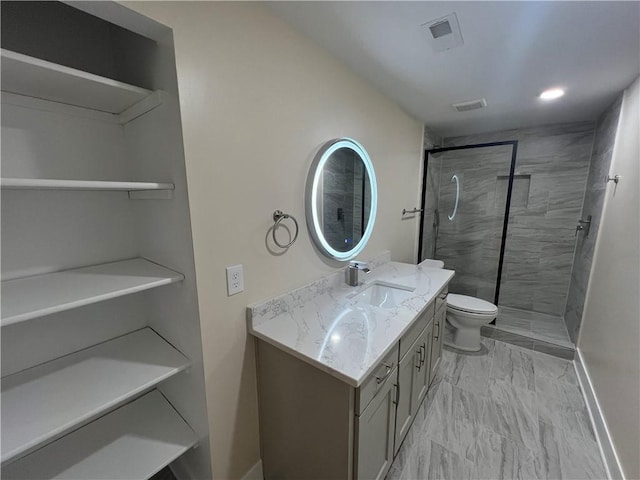 2320 NE 72nd St, Kansas City, MO 64118 - bathroom featuring vanity, a shower stall, marble finish flooring, baseboards, and toilet