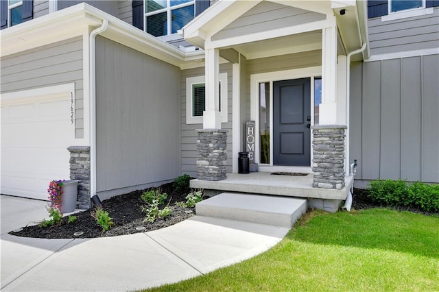 19629 W 196th St, Spring Hill, KS 66083 - doorway to property featuring an attached garage and stone siding