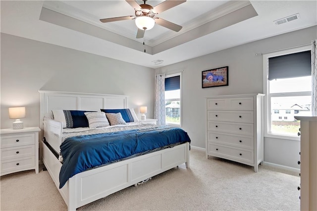 19629 W 196th St, Spring Hill, KS 66083 - bedroom with a tray ceiling, light carpet, baseboards, ceiling fan, and crown molding