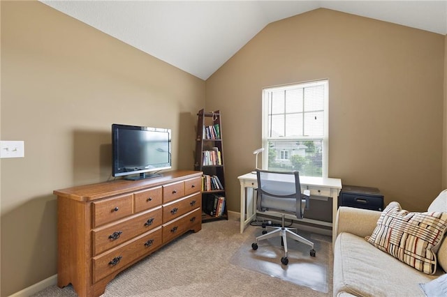 24318 W 91st Pl, Lenexa, KS 66227 - office area featuring lofted ceiling, light colored carpet, and baseboards