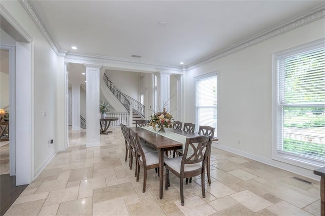 3109 W 118th St, Leawood, KS 66211 - dining room with ornamental molding, stairway, stone tile flooring, ornate columns, and recessed lighting