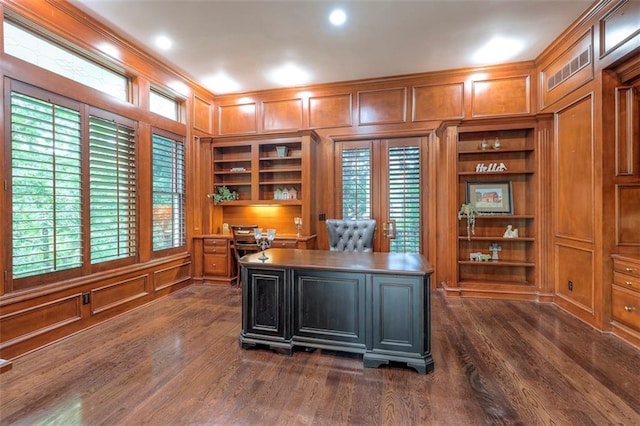 3109 W 118th St, Leawood, KS 66211 - office with built in features, crown molding, dark wood-style floors, a decorative wall, and wooden walls