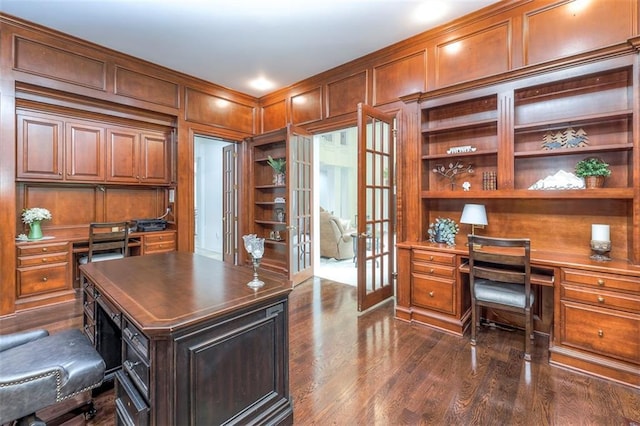 3109 W 118th St, Leawood, KS 66211 - office space featuring built in desk, dark wood-type flooring, built in shelves, a decorative wall, and wooden walls
