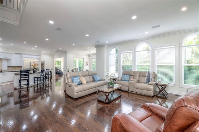3109 W 118th St, Leawood, KS 66211 - living area featuring crown molding, dark wood-style floors, recessed lighting, and a ceiling fan