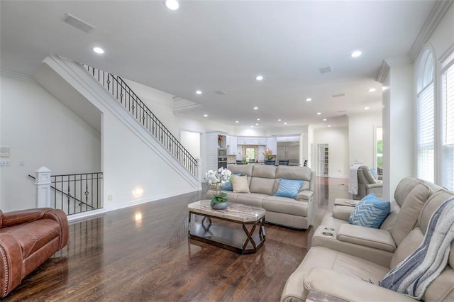 3109 W 118th St, Leawood, KS 66211 - living room featuring wood finished floors, ornamental molding, and recessed lighting