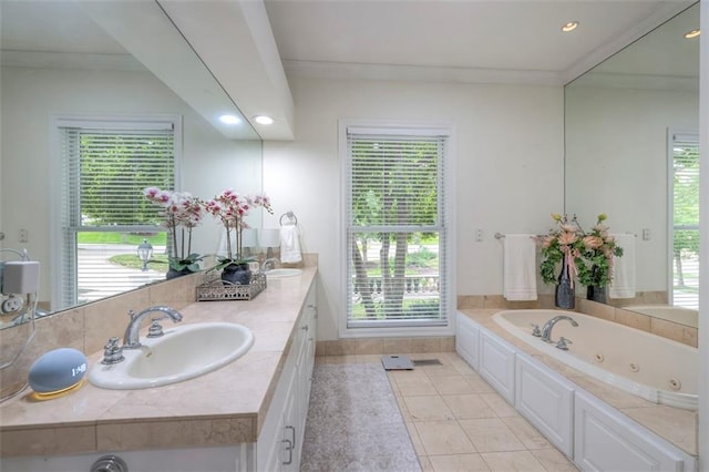 3109 W 118th St, Leawood, KS 66211 - full bathroom featuring double vanity, a tub with jets, ornamental molding, tile patterned flooring, and recessed lighting