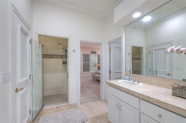 3109 W 118th St, Leawood, KS 66211 - full bathroom featuring a stall shower, vanity, crown molding, and tile patterned flooring