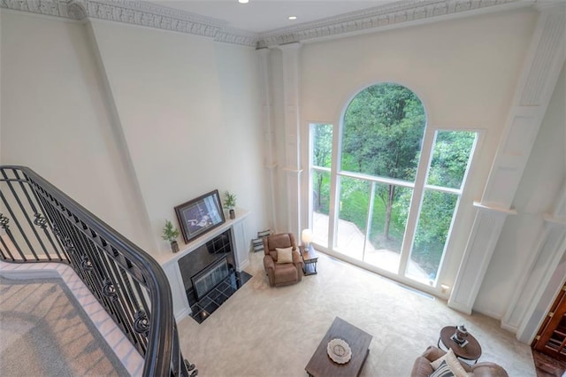 3109 W 118th St, Leawood, KS 66211 - unfurnished living room with carpet floors, a fireplace, and recessed lighting
