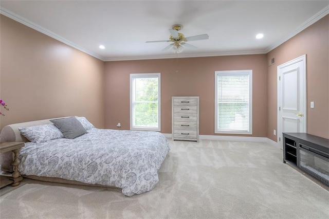 3109 W 118th St, Leawood, KS 66211 - bedroom with light colored carpet, ornamental molding, recessed lighting, and a ceiling fan