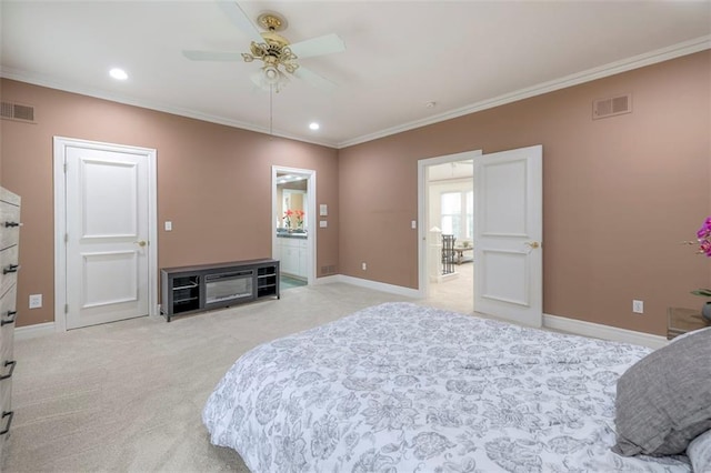 3109 W 118th St, Leawood, KS 66211 - bedroom featuring crown molding, light carpet, recessed lighting, and ceiling fan