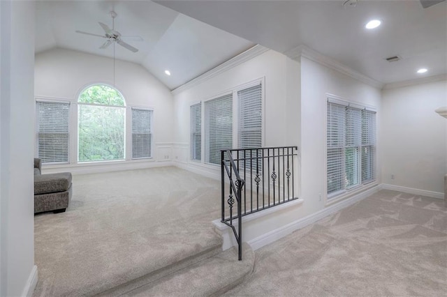 3109 W 118th St, Leawood, KS 66211 - carpeted empty room featuring a ceiling fan, recessed lighting, lofted ceiling, and crown molding