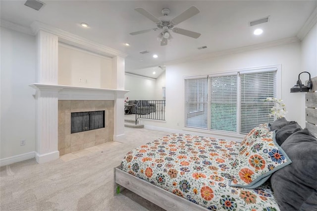 3109 W 118th St, Leawood, KS 66211 - bedroom featuring a fireplace, crown molding, carpet flooring, recessed lighting, and ceiling fan