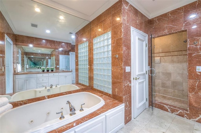 3109 W 118th St, Leawood, KS 66211 - bathroom featuring ornamental molding, a shower stall, a jetted tub, vanity, and tile walls