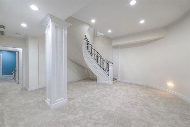 3109 W 118th St, Leawood, KS 66211 - basement featuring carpet flooring, stairs, recessed lighting, and ornamental molding