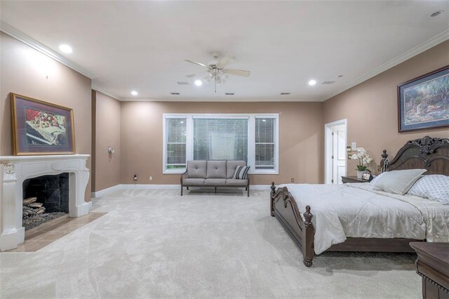 3109 W 118th St, Leawood, KS 66211 - carpeted bedroom with crown molding, recessed lighting, a fireplace with flush hearth, and ceiling fan